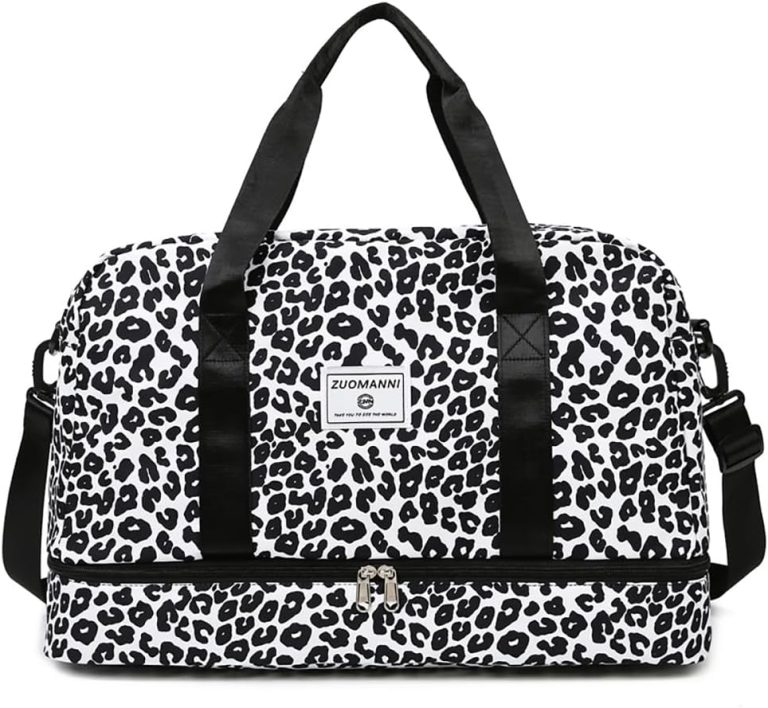 Vllcsla Sac de Sport Femme Grand, 42.43L, avec Compartiment Chaussures & Poche Humide, Sac de Voyage Léopard Bagage à Main Léger, Sacs de Sport Imperméable Femme pour Yoga/Weekend/Gym/Voyage, Noir